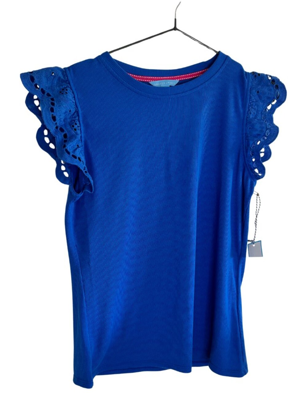 Draper James Blue Ribbed Embroidered Flutter Sleeve Crew Neck Tank